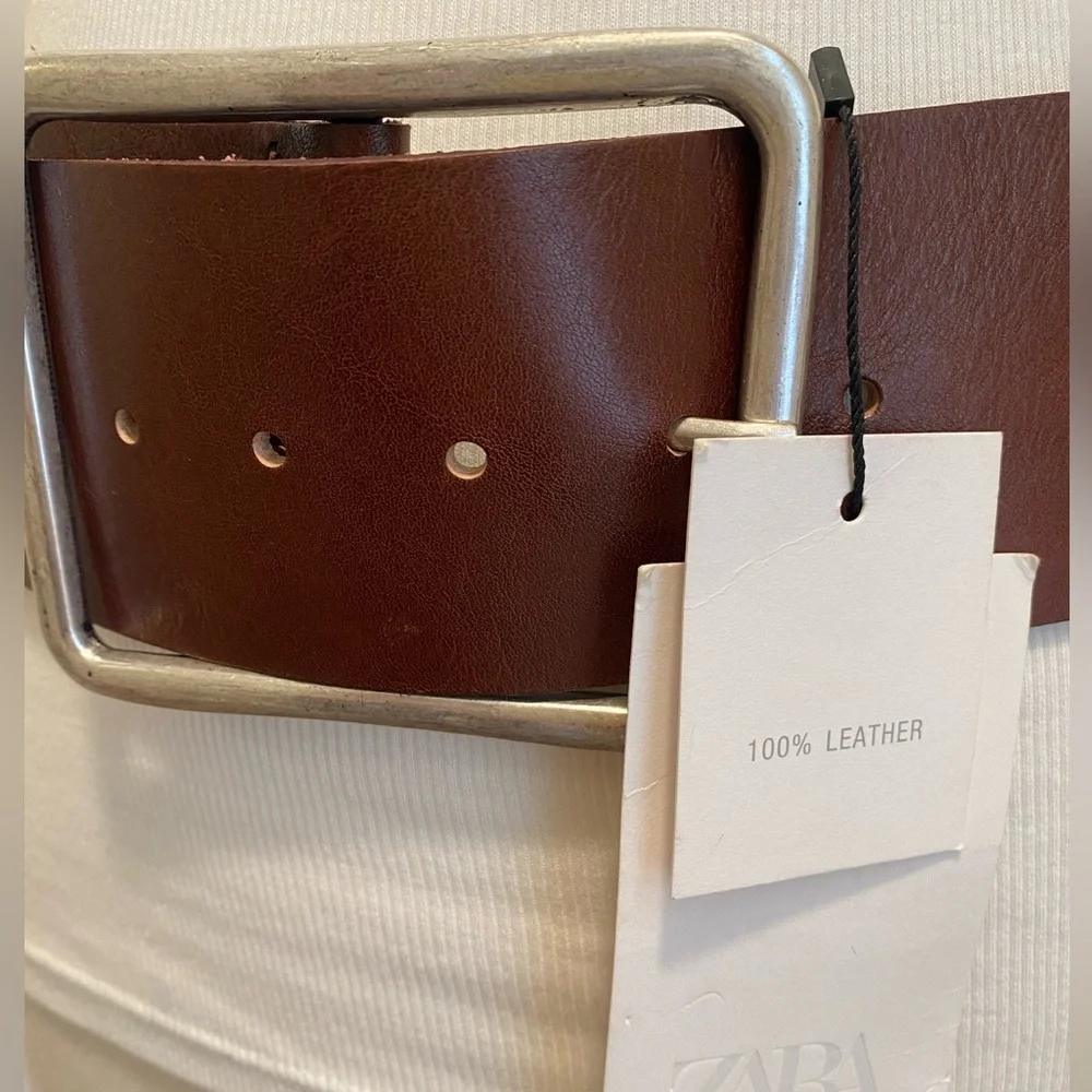 ZARA Brown Leather Belt with Silver Buckle - Size US 32 - NEW